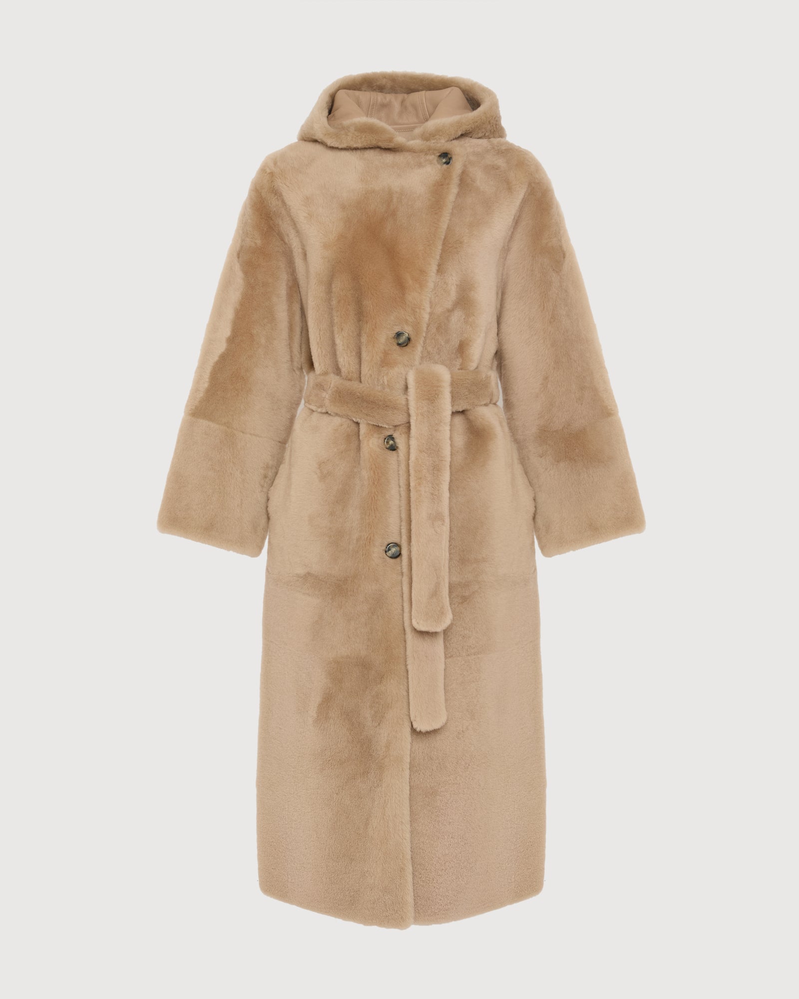 Manteau long à capuche en peau lainée d'agneau -Yves Salomon