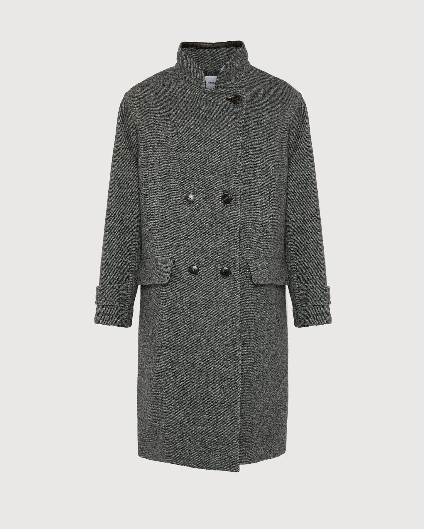 Long coat in wool with leather details