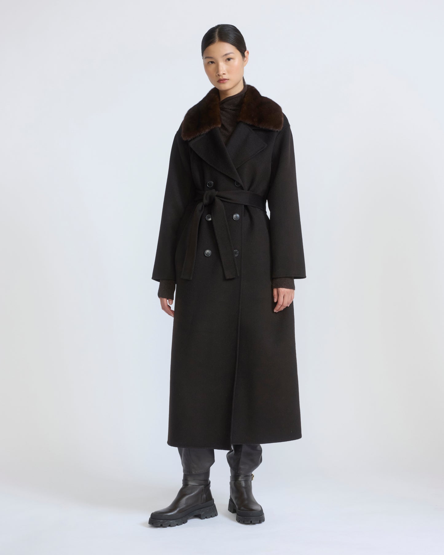 Cashmere wool belted coat with mink fur collar