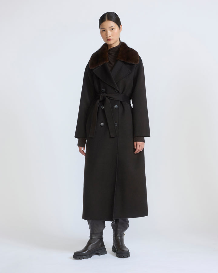 Manteau long ceinturé en lainage cachemire et fourrure de vison