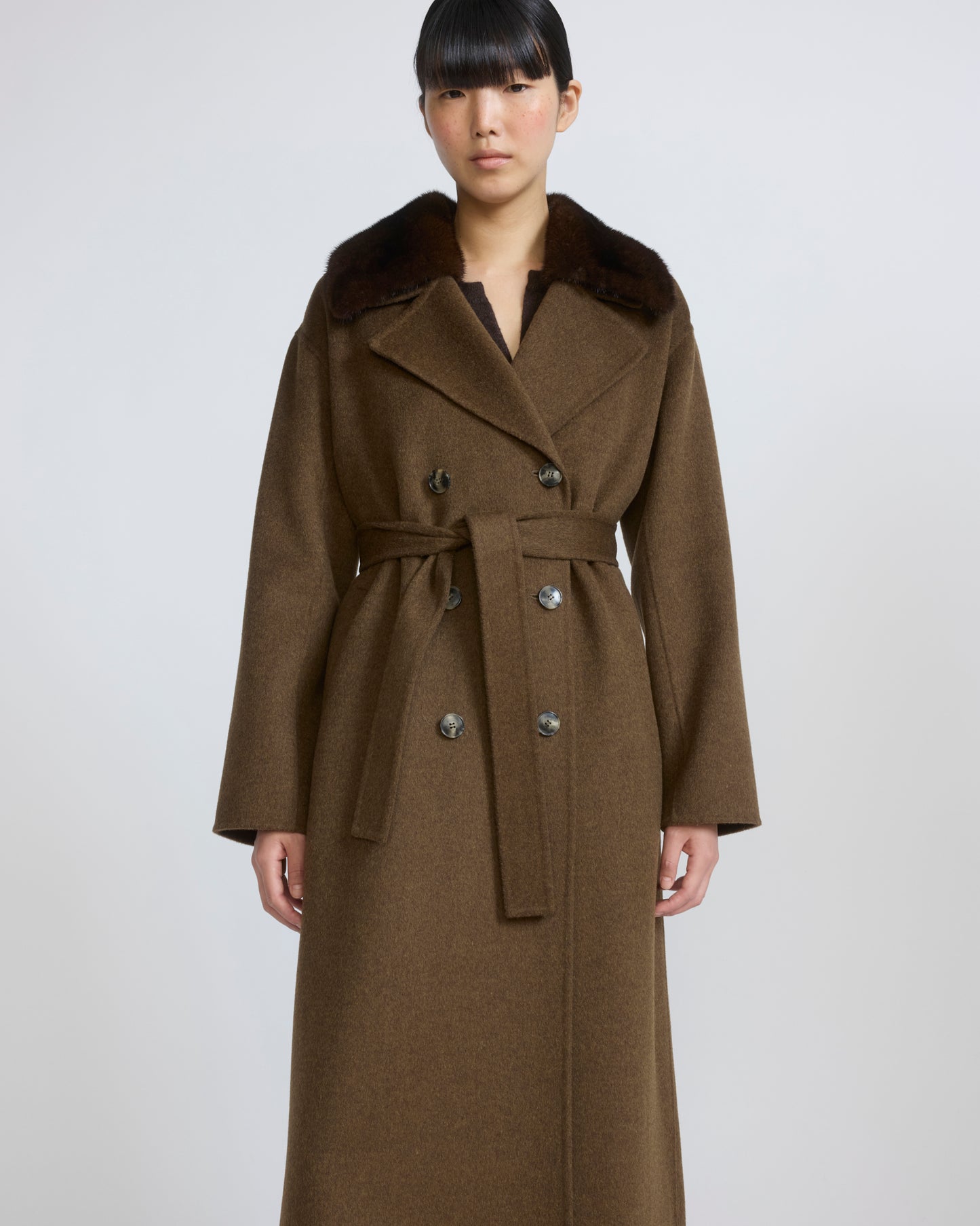 Cashmere wool belted coat with mink fur collar