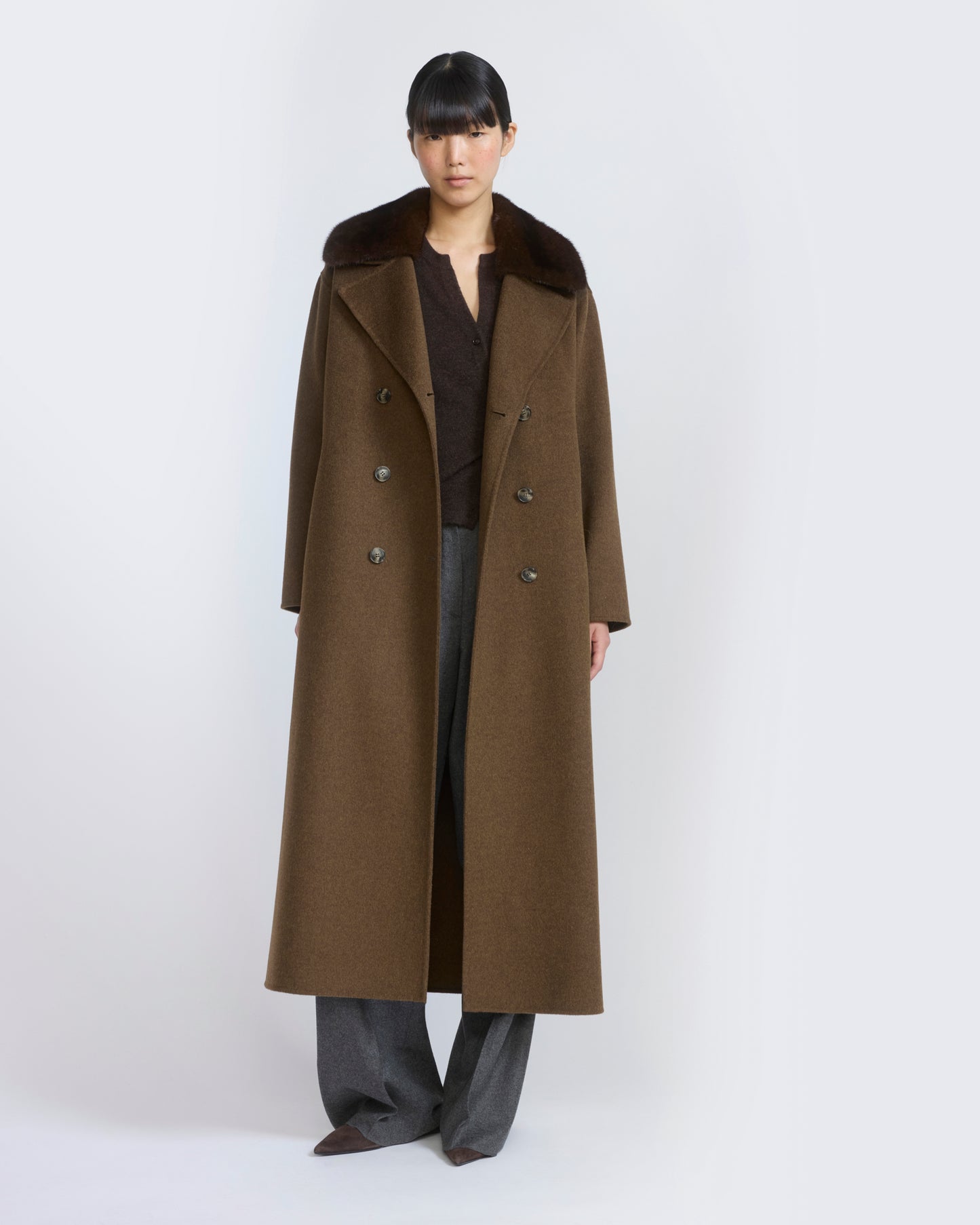 Cashmere wool belted coat with mink fur collar