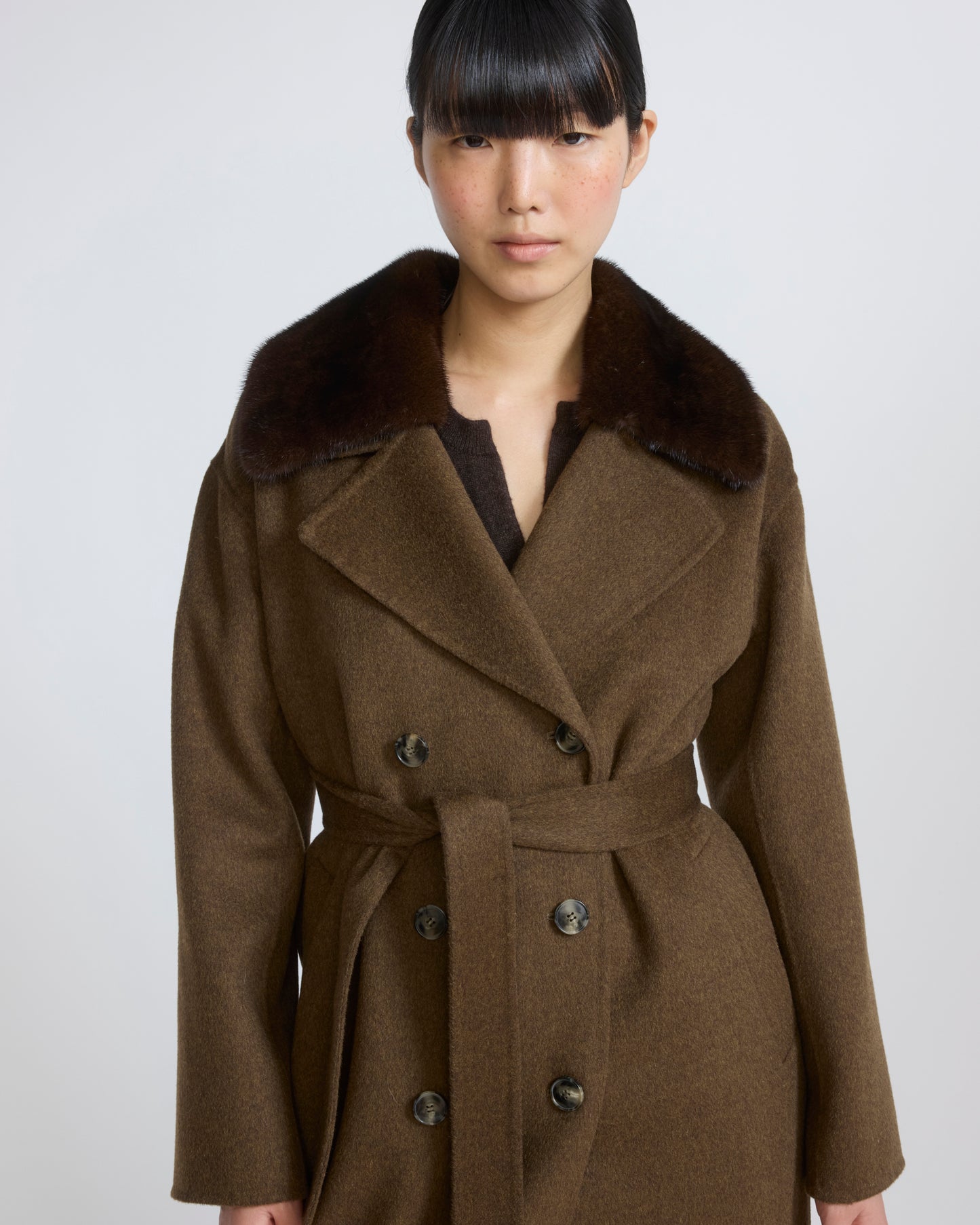 Cashmere wool belted coat with mink fur collar