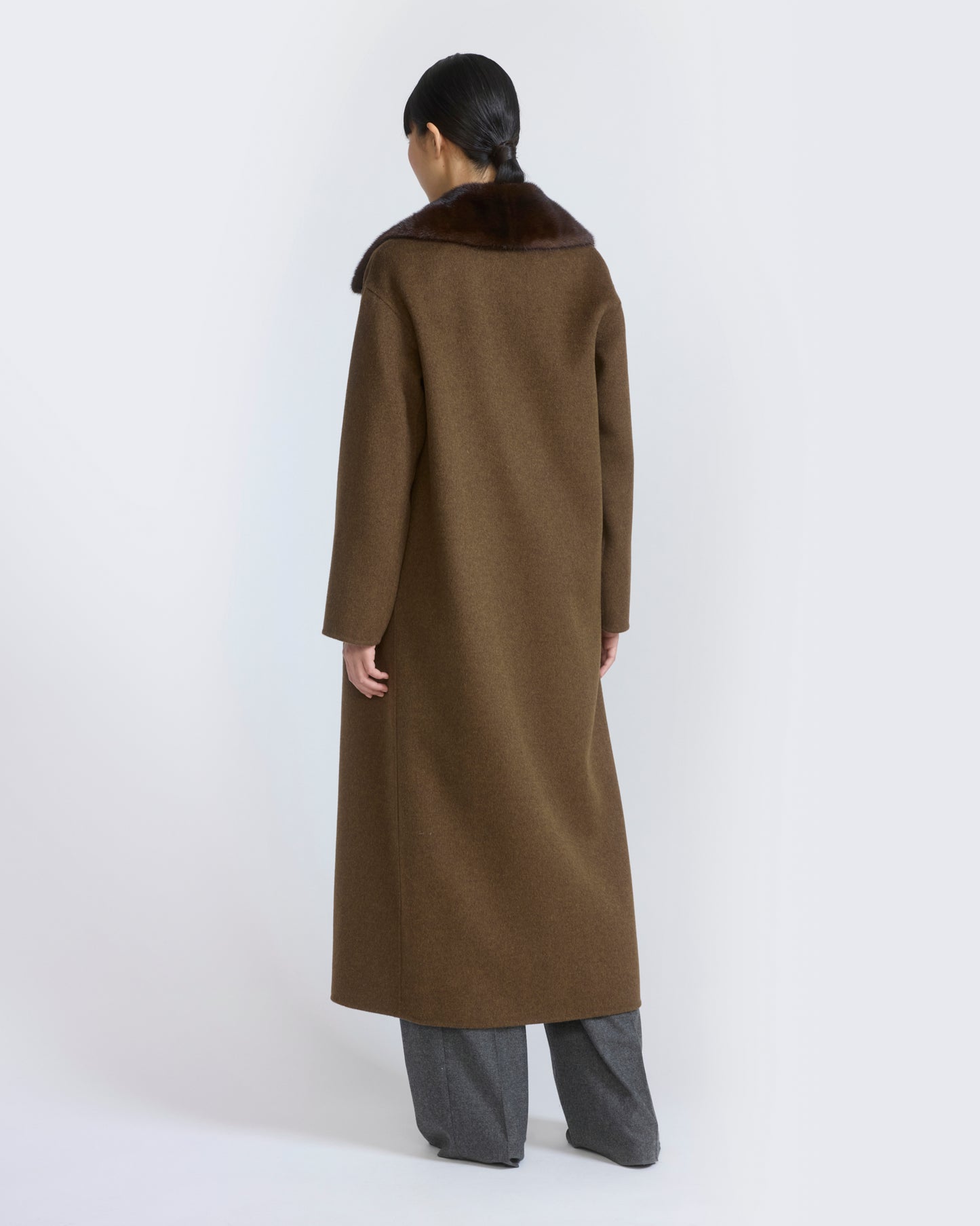 Cashmere wool belted coat with mink fur collar