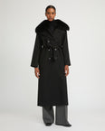 Belted coat in cashmere wool with fox fur collar