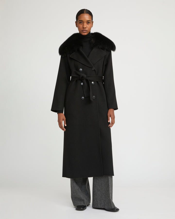 Belted coat in cashmere wool with fox fur collar