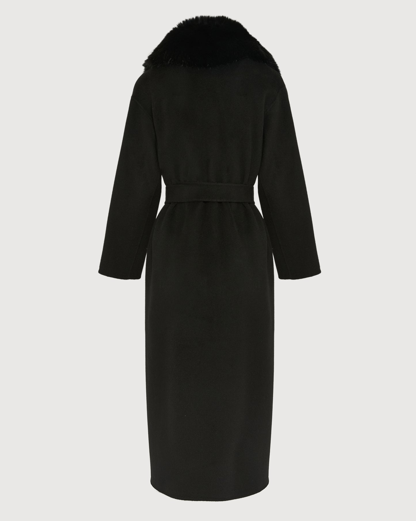Belted coat in cashmere wool with fox fur collar