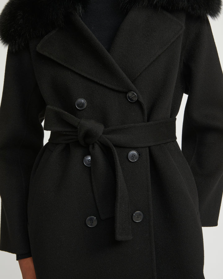 Belted coat in cashmere wool with fox fur collar