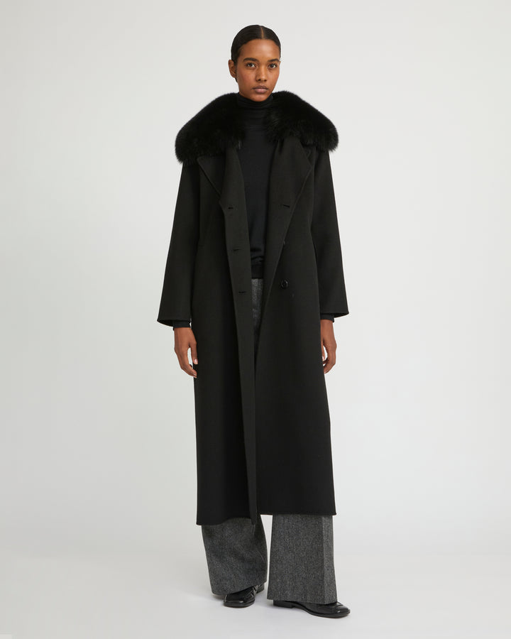 Belted coat in cashmere wool with fox fur collar