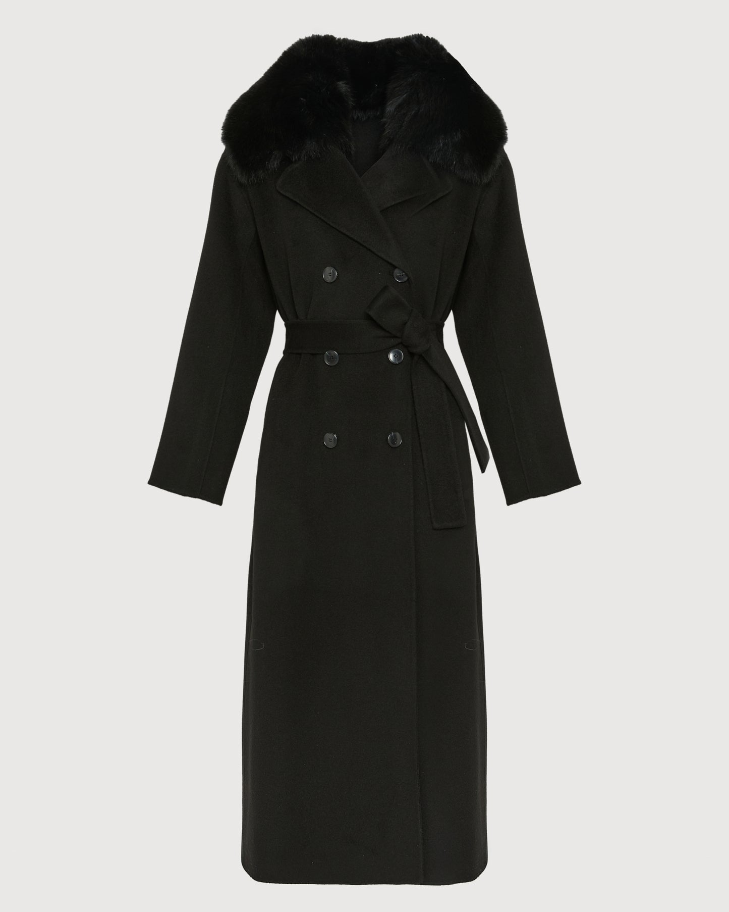 Belted coat in cashmere wool with fox fur collar