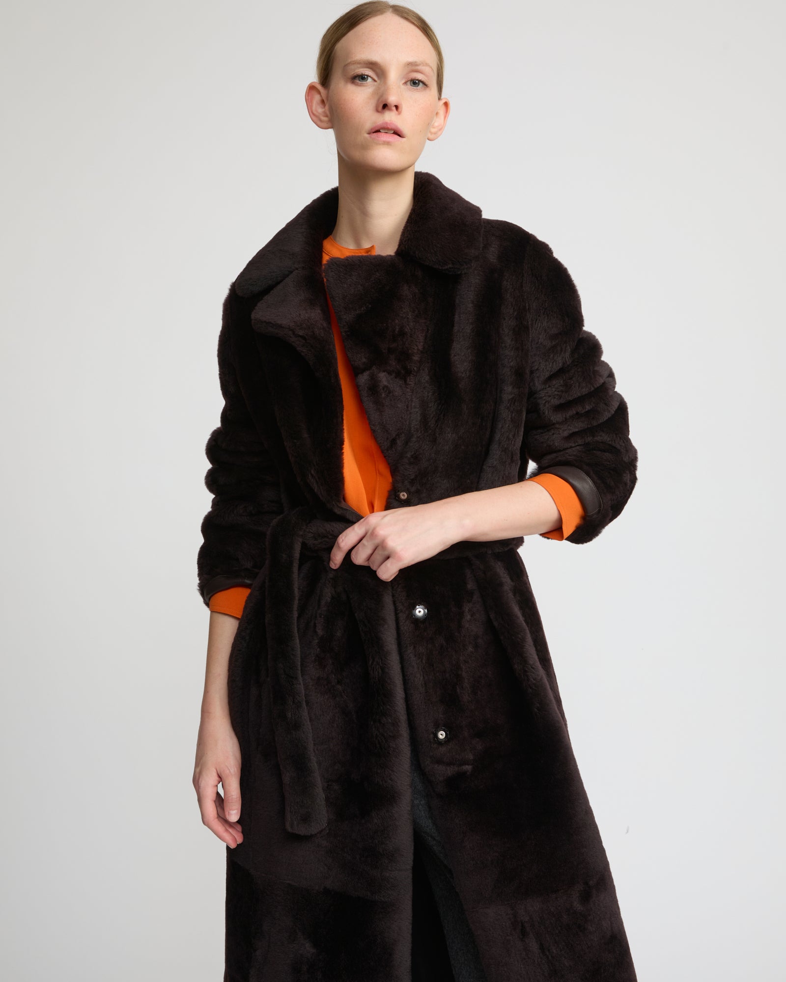 60s Lama far wool reversible coat ウール Reversible long coat in lambskin and Lacon shearling - Brown