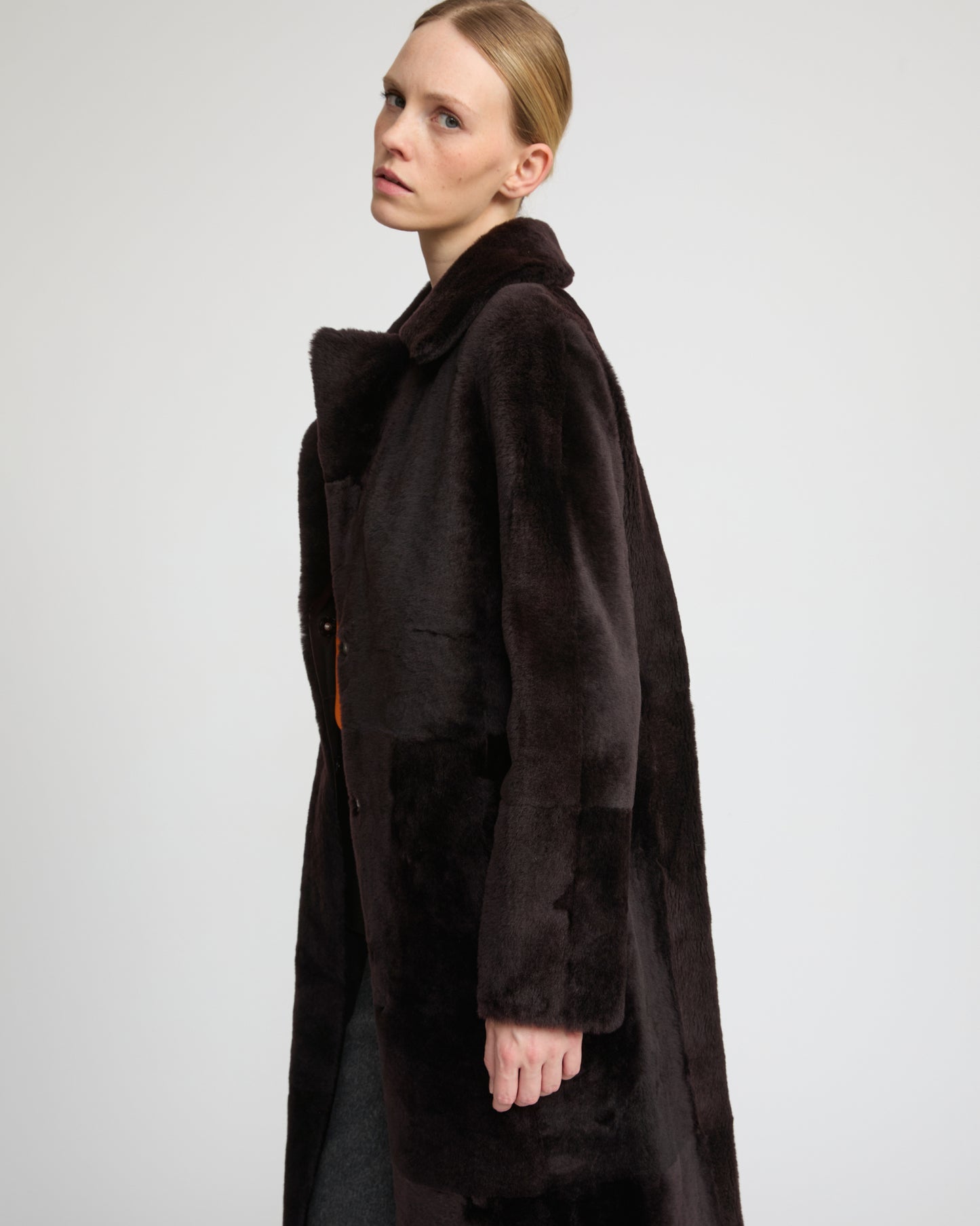 Reversible long coat in lambskin and Lacon shearling