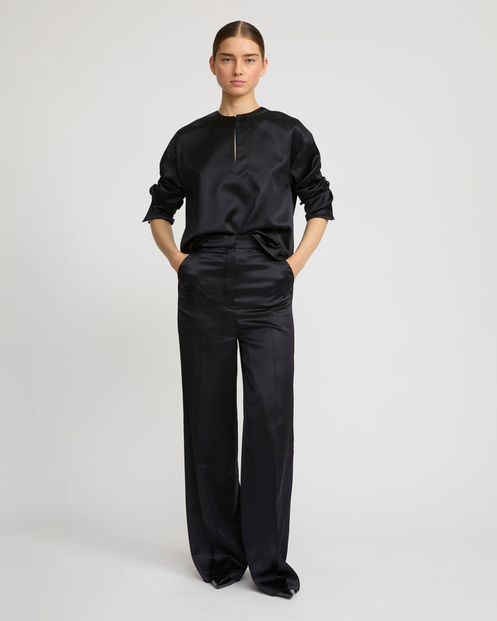Wide leg trousers in heavy wool satin