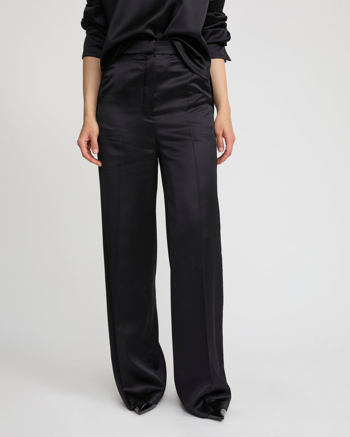 Wide leg trousers in heavy wool satin