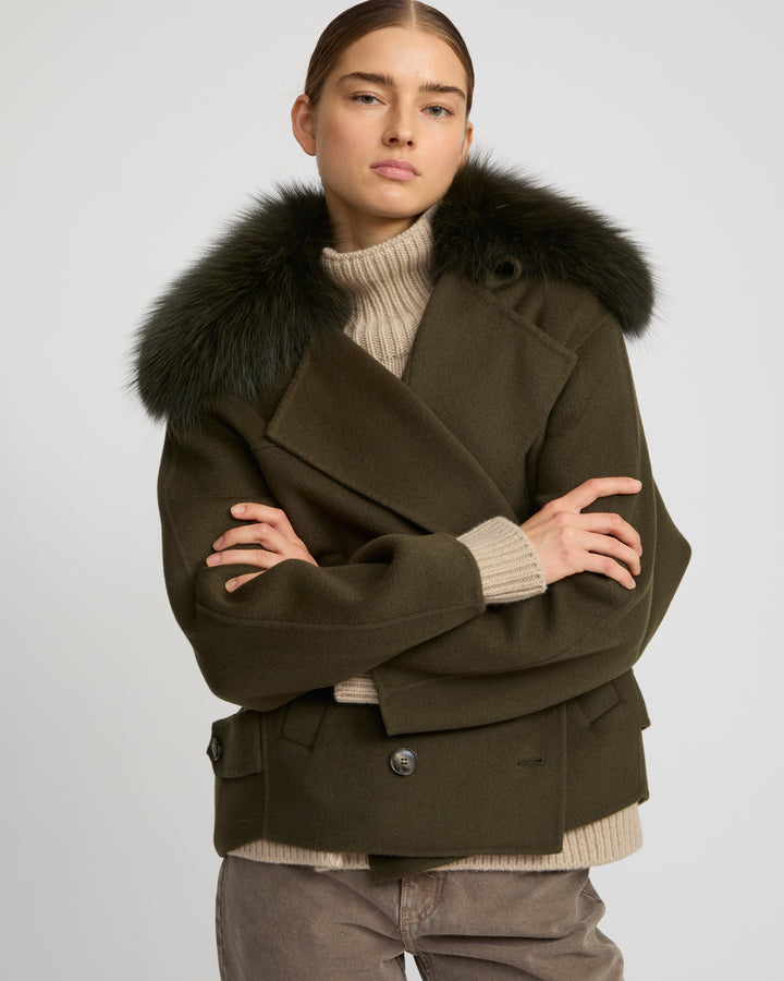Cashmere-blend pea jacket with removable fox fur collar