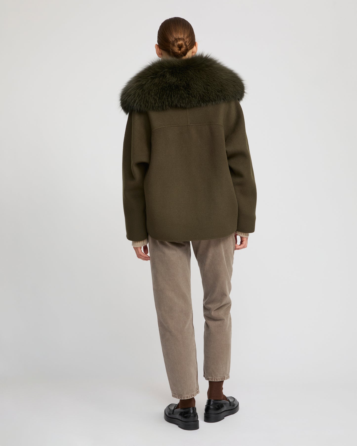 Cashmere-blend pea jacket with removable fox fur collar