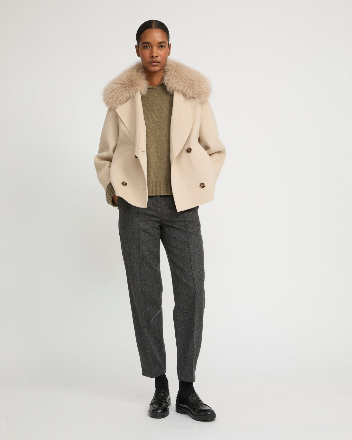 Cashmere-blend pea jacket with removable fox fur collar