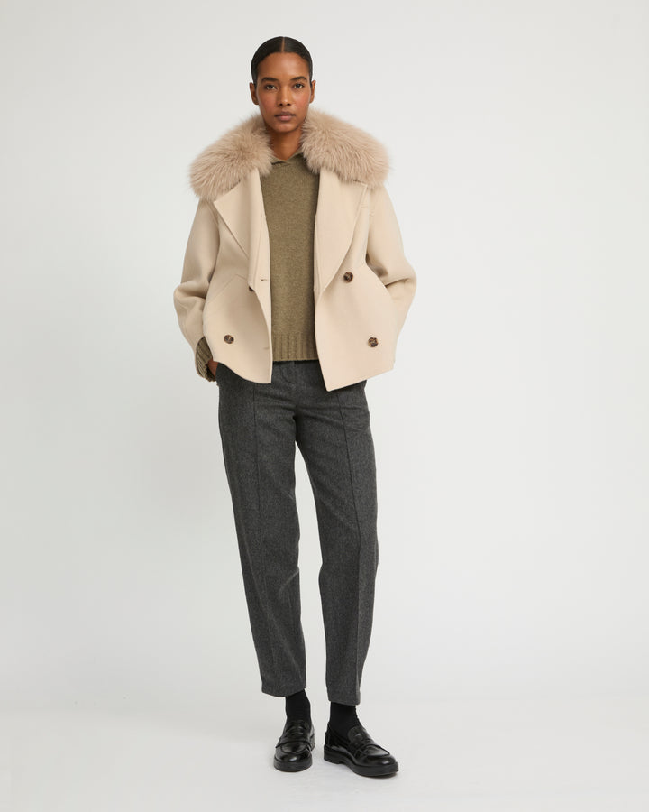 Cashmere-blend pea jacket with removable fox fur collar