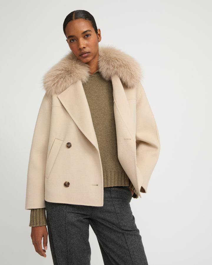 Cashmere-blend pea jacket with removable fox fur collar