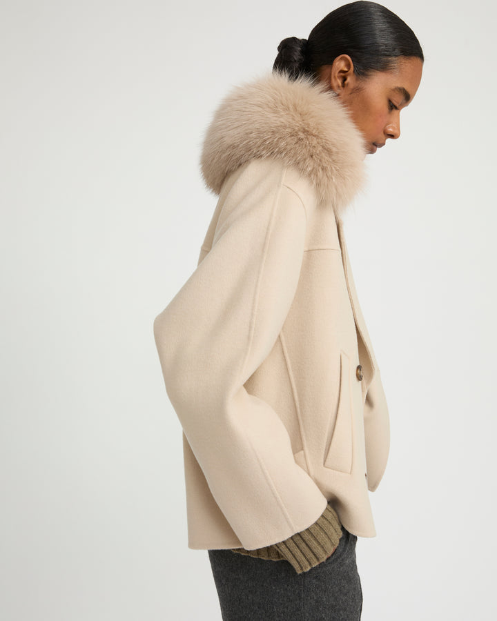 Cashmere-blend pea jacket with removable fox fur collar