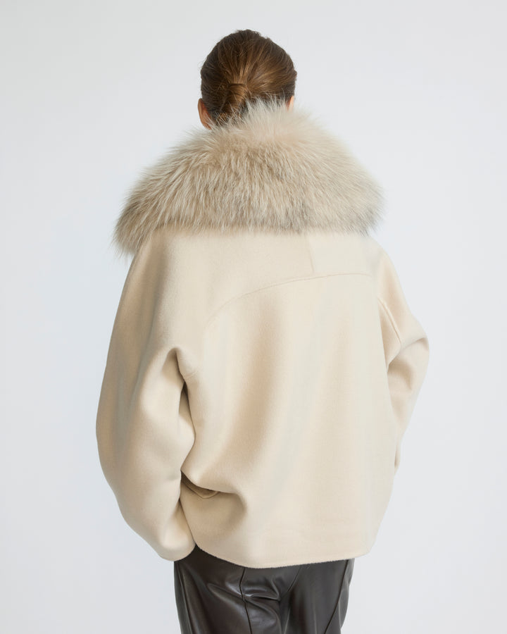 Veste caban en lainage cachemire et col amovible en fourrure de renard