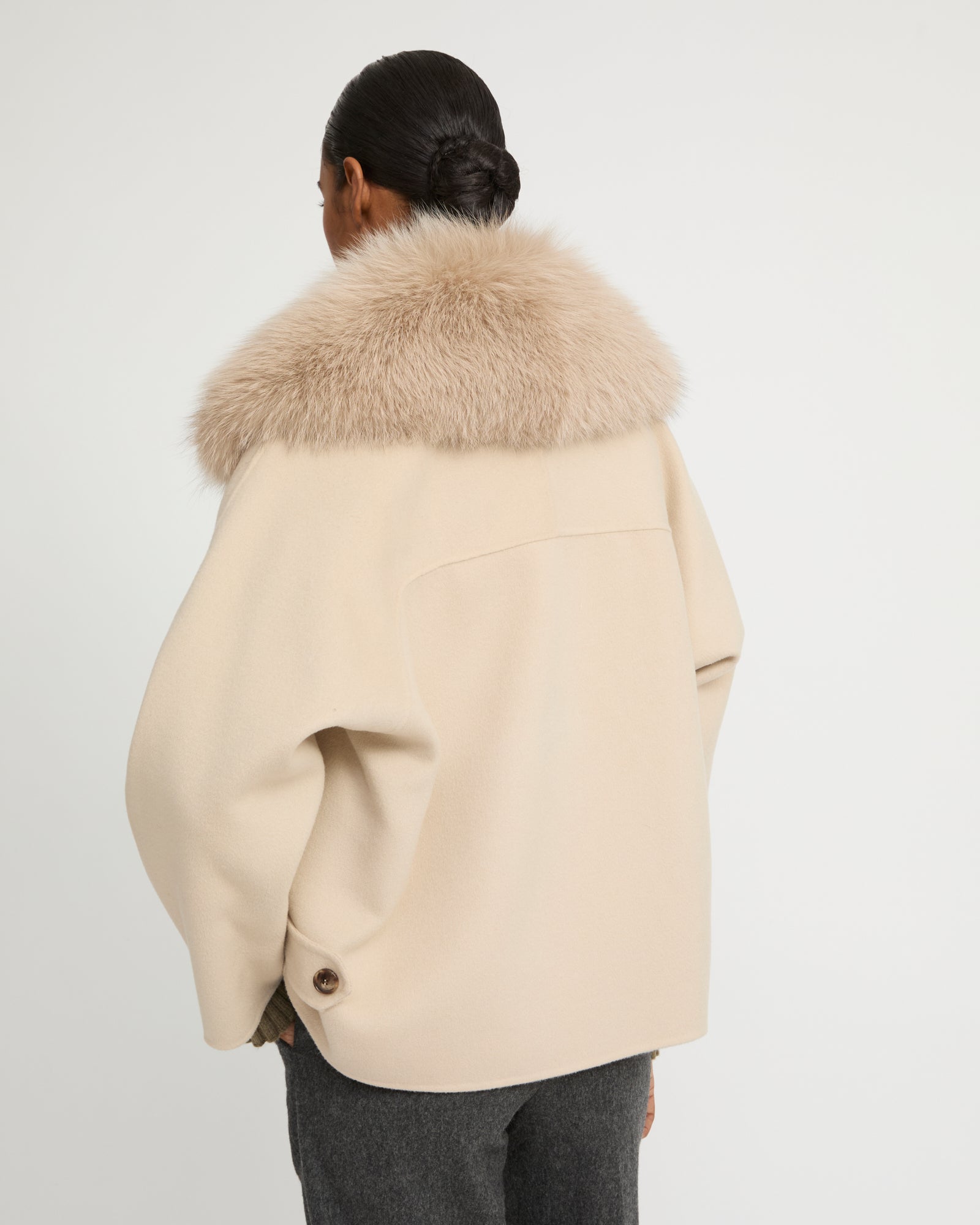 Cashmere-blend pea jacket with fox fur collar - Beige - Yves Salomon