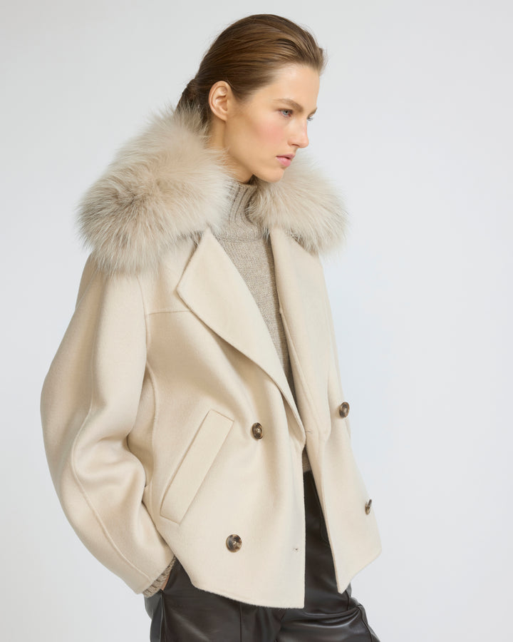 Veste caban en lainage cachemire et col amovible en fourrure de renard