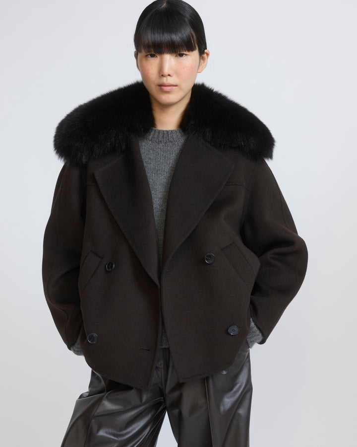Veste caban en lainage cachemire et col amovible en fourrure de renard