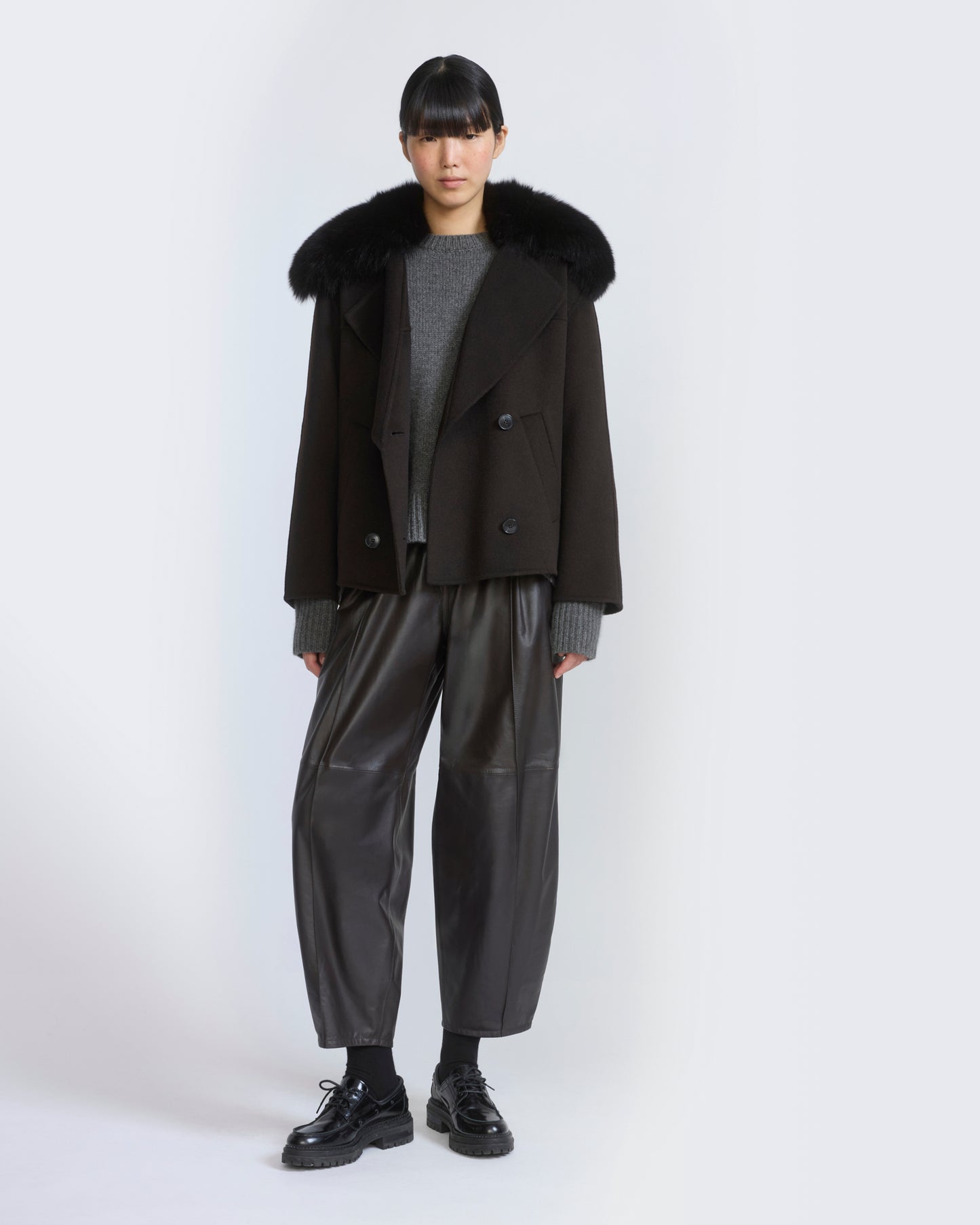 Cashmere-blend pea jacket with removable fox fur collar