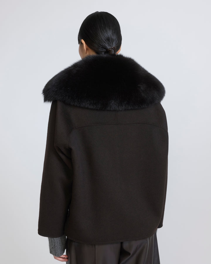 Veste caban en lainage cachemire et col amovible en fourrure de renard