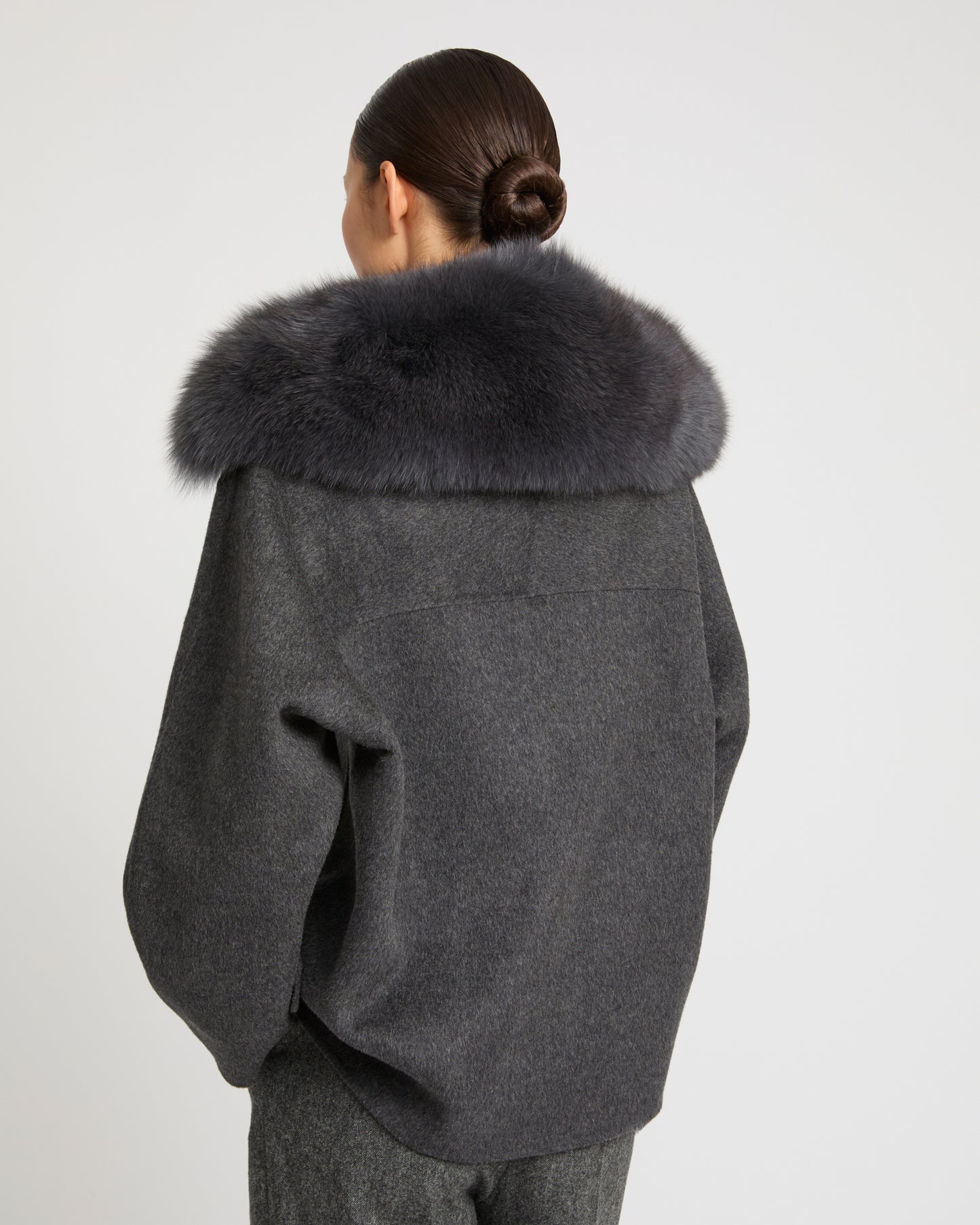 Cashmere-blend pea jacket with removable fox fur collar