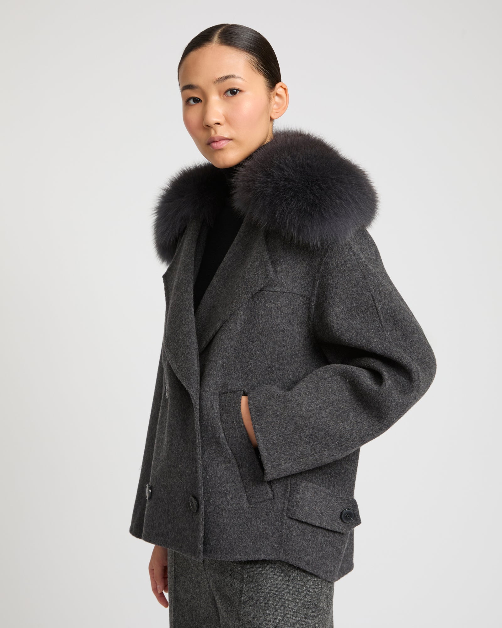 Cashmere-blend pea jacket with fox fur collar - Gray - Yves Salomon