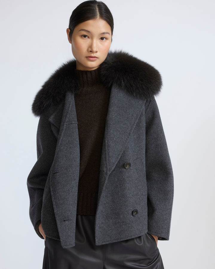 Veste caban en lainage cachemire et col amovible en fourrure de renard