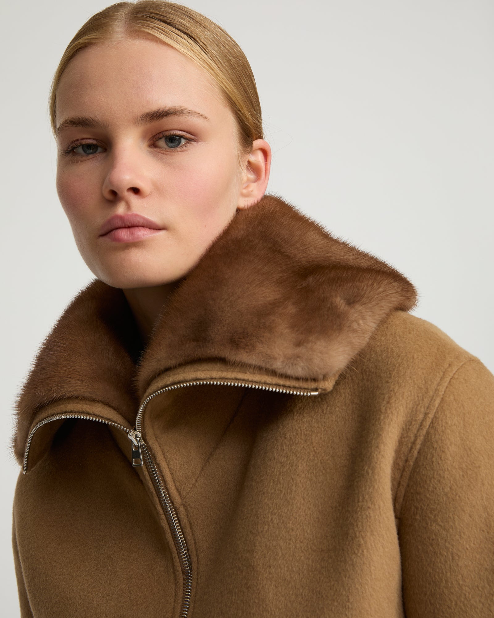 Cashmere-blend blouson with mink fur collar - Camel - Yves Salomon