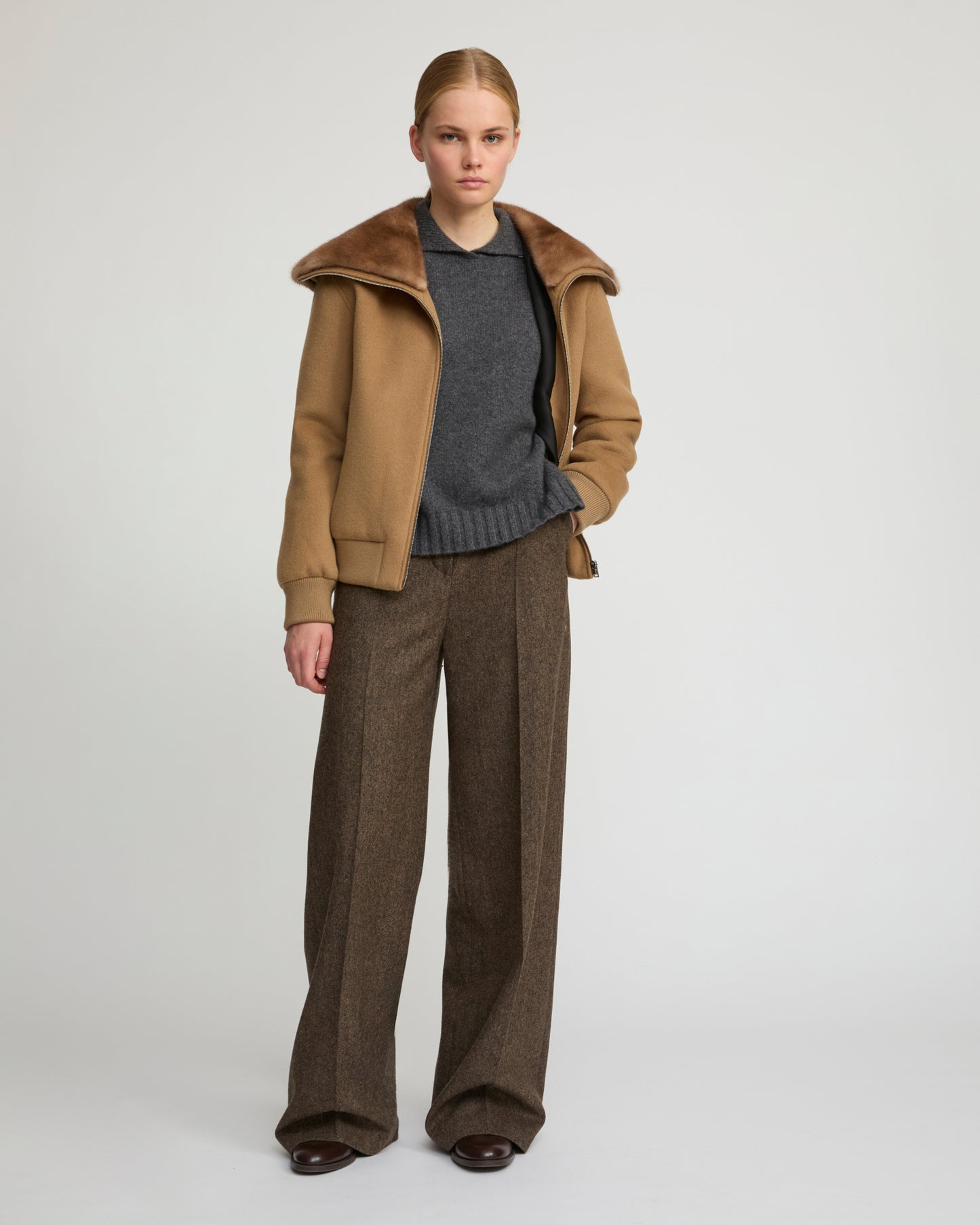 Cashmere-blend cropped blouson with removable mink fur collar