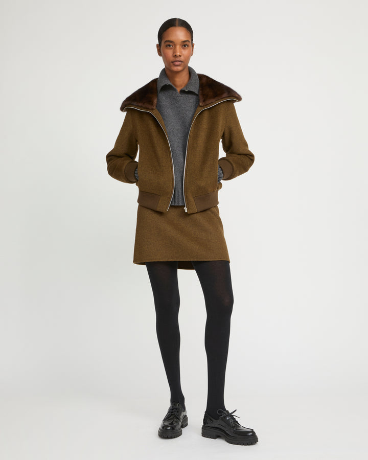 Cashmere-blend cropped blouson with removable mink fur collar