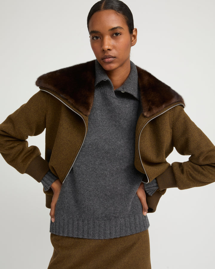 Cashmere-blend cropped blouson with removable mink fur collar