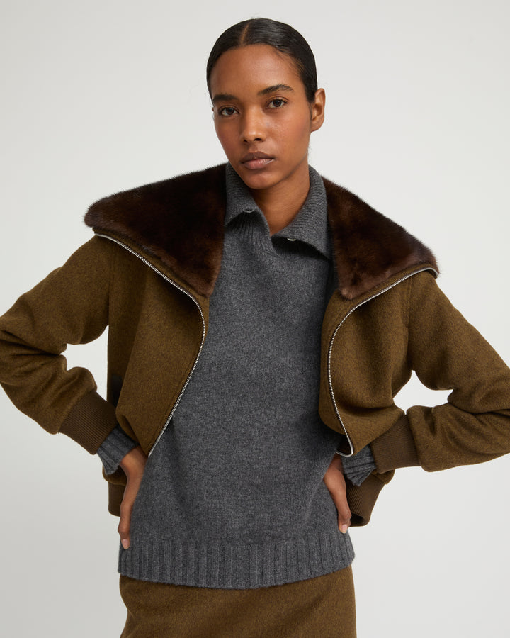 Cashmere-blend cropped blouson with removable mink fur collar