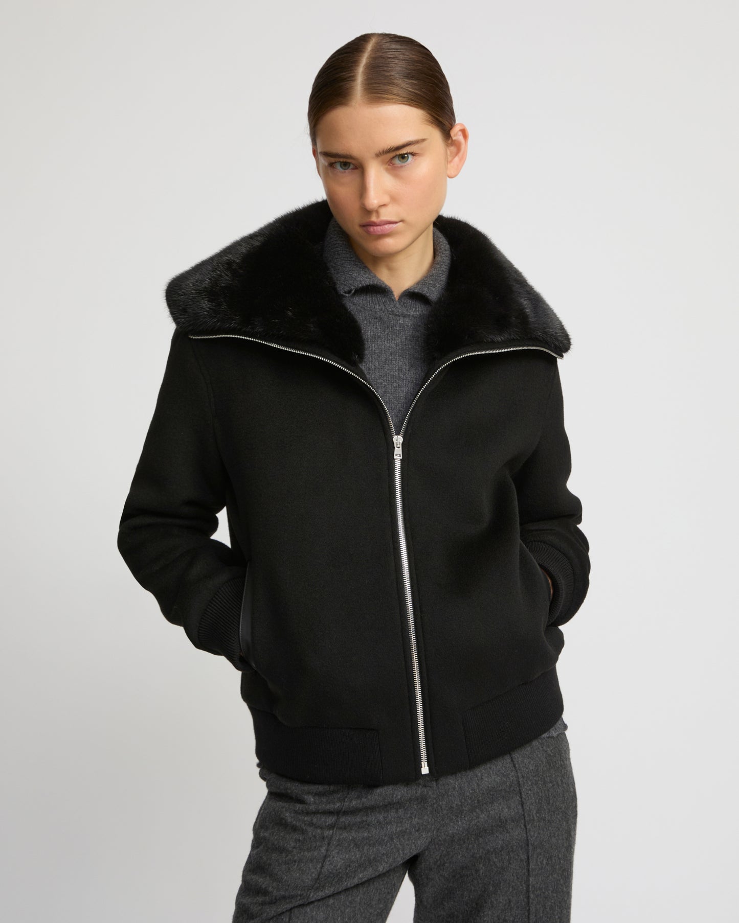 Cashmere-blend cropped blouson with removable mink fur collar