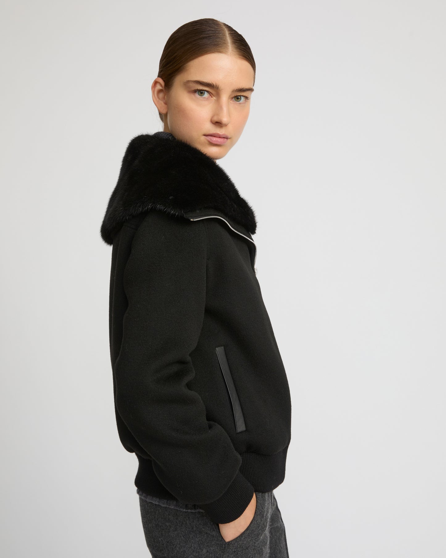 Cashmere-blend cropped blouson with removable mink fur collar