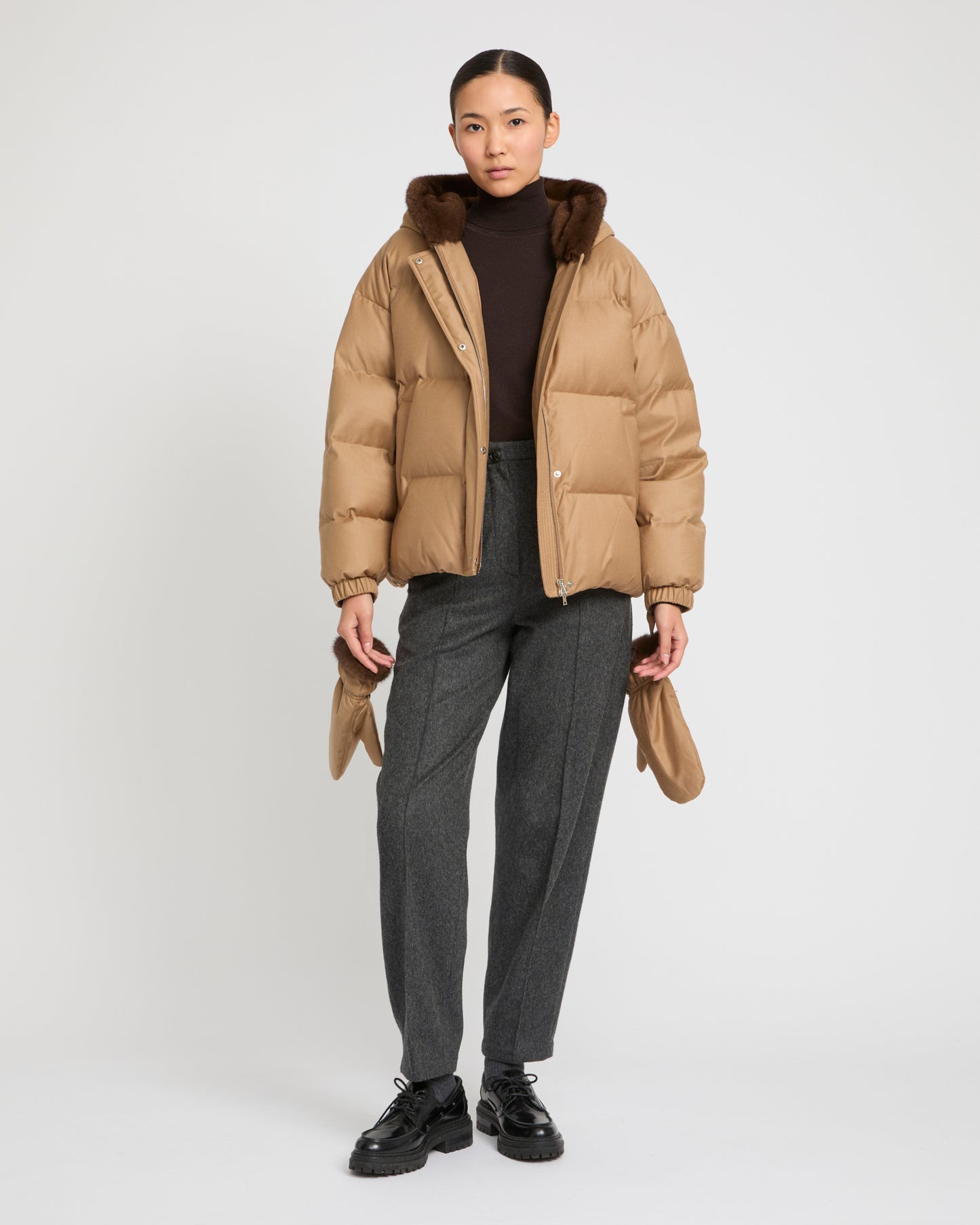 Short hooded down jacket with mink fur inner hood and removable mittens