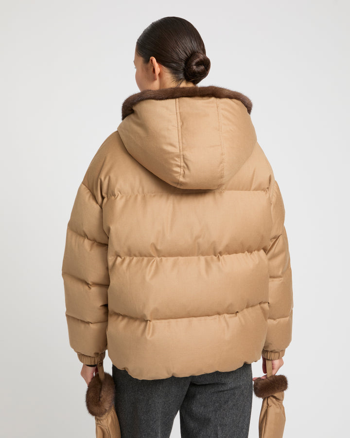 Short hooded down jacket with mink fur inner hood and removable mittens