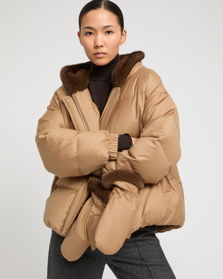 Short hooded down jacket with mink fur inner hood and removable mittens