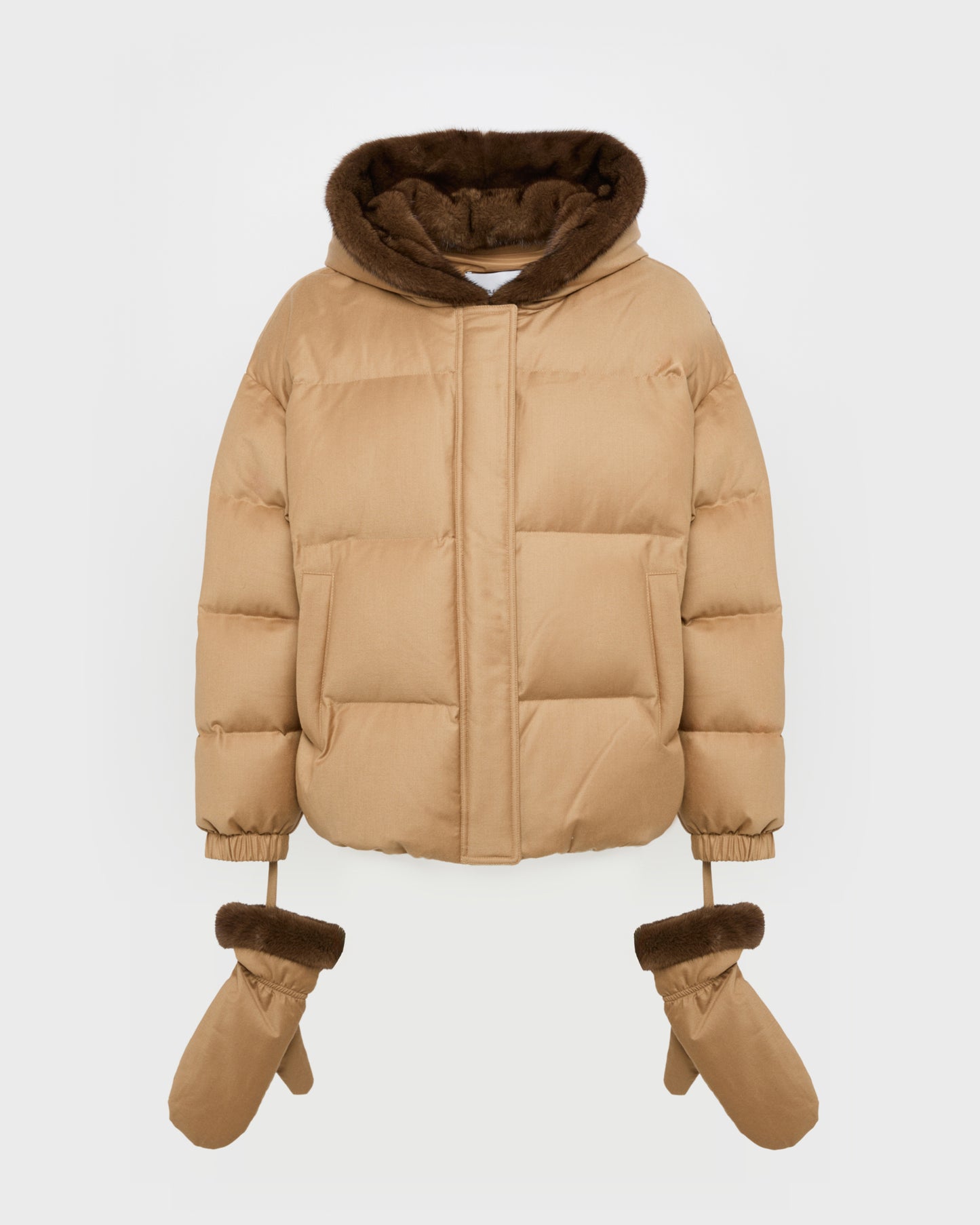 Short hooded down jacket with mink fur inner hood and removable mittens