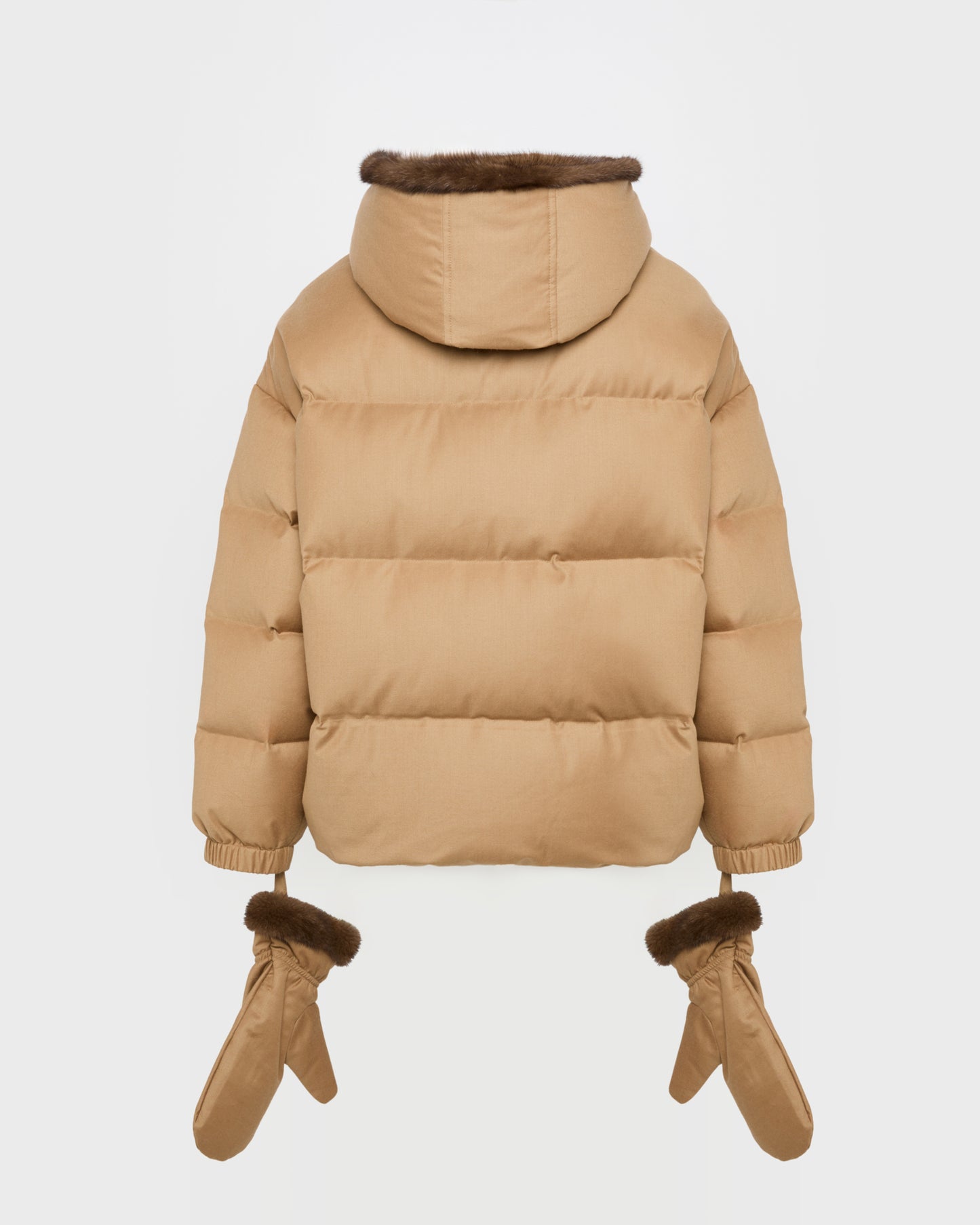 Short hooded down jacket with mink fur inner hood and removable mittens