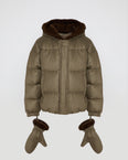 Short hooded down jacket with mink fur inner hood and removable mittens