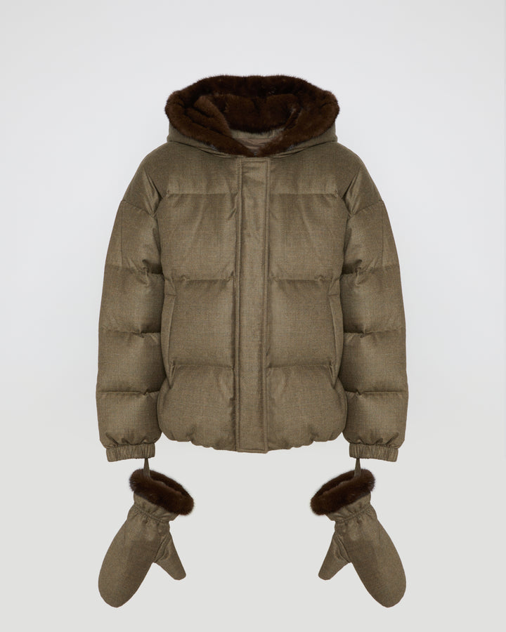 Doudoune courte à capuche en tissu Loro Piana avec fourrure de vison et moufles amovibles