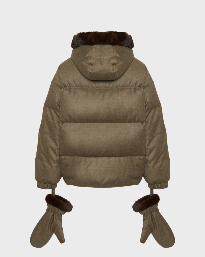 Doudoune courte à capuche en tissu Loro Piana avec fourrure de vison et moufles amovibles