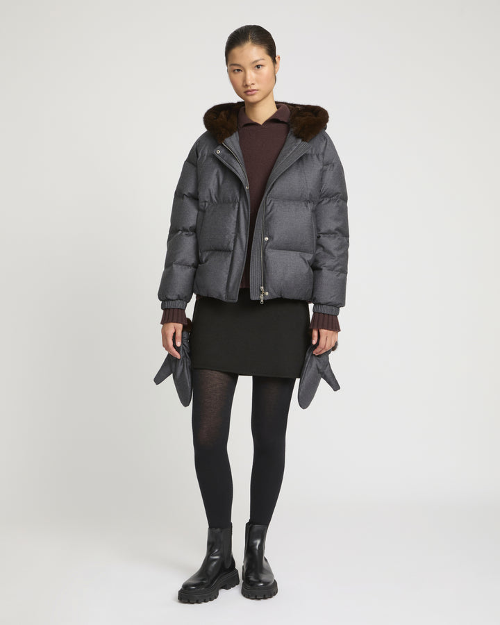 Short hooded down jacket with mink fur inner hood and removable mittens