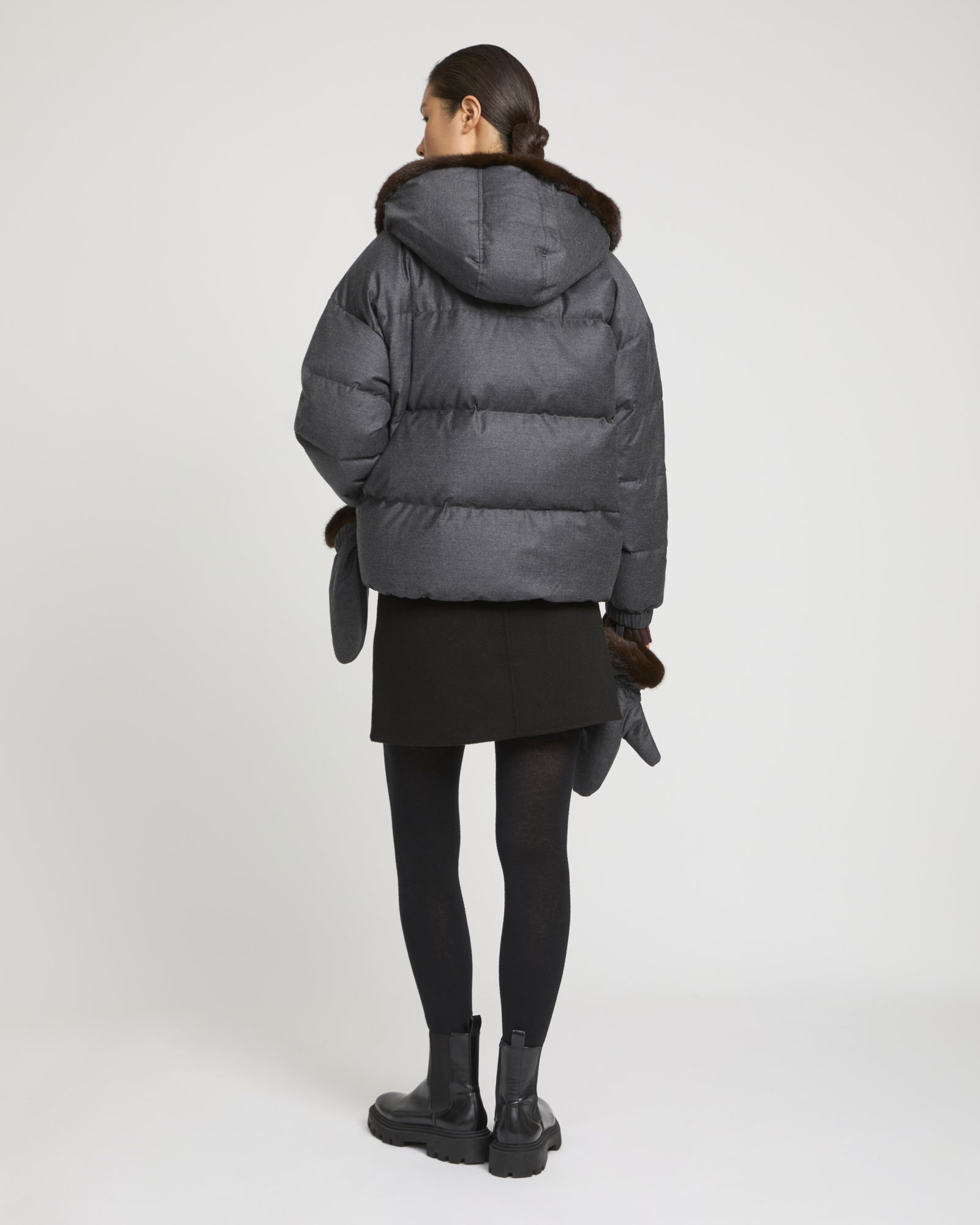 Short down jacket with mink fur & mittens - Gray - Yves Salomon